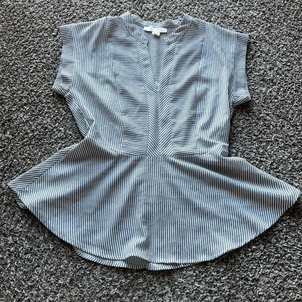 Monteau LA Blouse White Blue Women L Striped Summer Babydoll Feminine Going Out - Picture 1 of 7